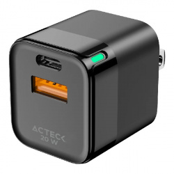 Acteck Cargador de Pared Energon Prime, 20W, 1x USB-A/1x USB-C, Negro 