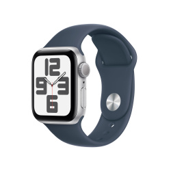 Apple Watch SE 2 GPS, Caja de Aluminio Color Plata de 40mm, Correa Deportiva M/L Azul Tormenta 