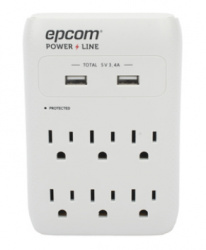 Epcom Supresor de Picos EPLSPWUSB, 6 Contactos, 2 x USB A, 1080 Joules 