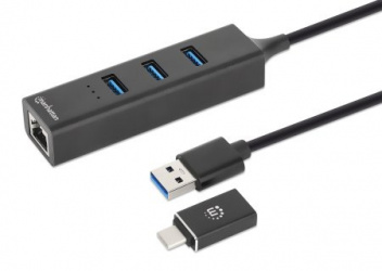 Manhattan Hub USB Macho - 3 Puertos USB Hembra,1x RJ-45, 5000Mbit/s, Negro 