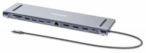 Manhattan Docking Station 190305, 2x USB 3.2, 1x USB 2.0, 1x USB-C, 2x HDMI, 1x DisplayPort, 1x USB-C PD, 1x MicroSD, 1x SD, 1x RJ-45, 1x 3.5mm, Plata 