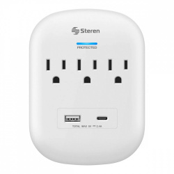 Steren Multicontacto de Pared 905-160, 3 Contactos, 1x USB, 1x USB-C, 125V, Blanco 