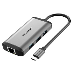 Vention Hub USB-C Macho - 3x USB-A, 1x HDMI, 1x RJ-45, 1x PD, Gris 