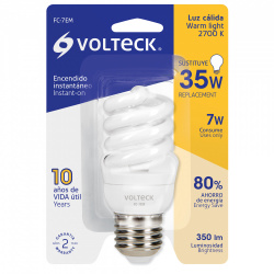 Volteck Foco FC-7EM, Luz Cálida, Base E26/E27, 7W, 350 Lúmenes, Blanco, Ahorro del 80% vs Foco Tradicional 35W 