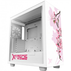 Gabinete Xtreme PC Gaming Sakura l Edition con Ventana de Cristal Templado, Midi-Tower, ATX/Micro-ATX/Mini-ITX, USB 3.2, sin Fuente, 2 Ventiladores Instalados, Blanco 