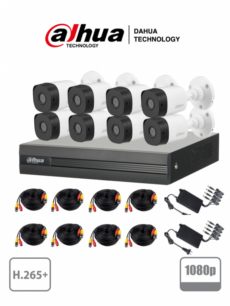 Dahua Kit de Vigilancia Cooper XVR1B08KIT de 8 Cámaras CCTV Bullet y 8 Canales, con Grabadora, 8 Cables Siamés, 2 Fuentes de Poder y 2 Pulpos