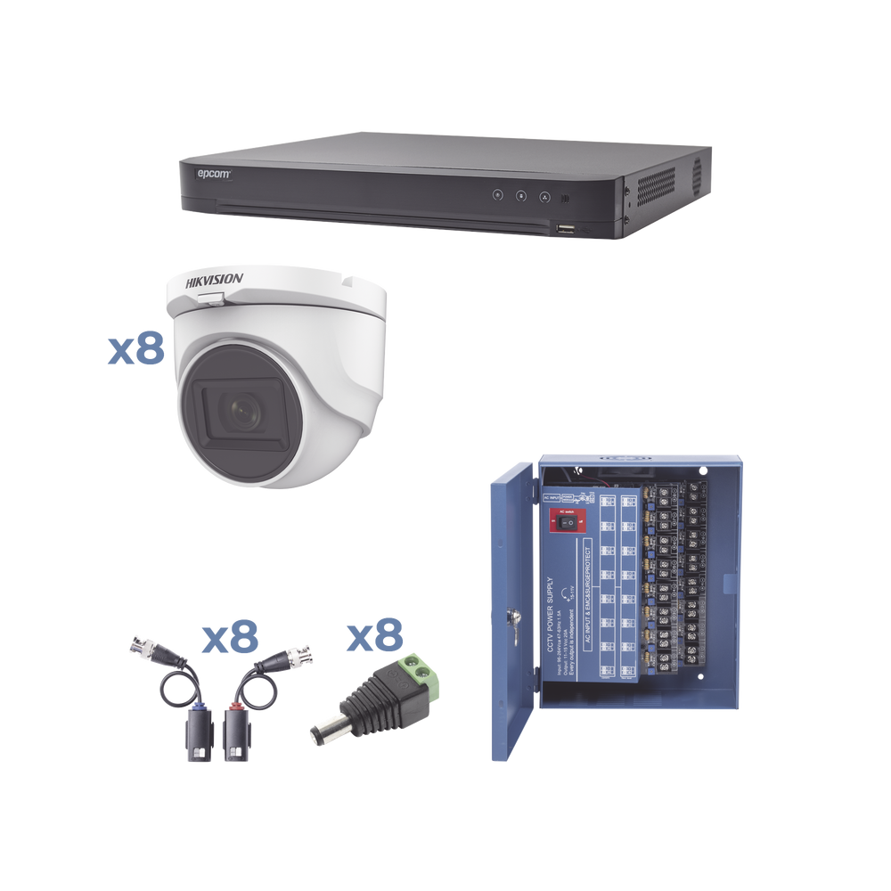 Hikvision Kit de Vigilancia KH1080P8DW de 8 Cámaras Domo y 8 Canales, con Grabadora DVR, Fuente de Poder, Transceptores y Conectores