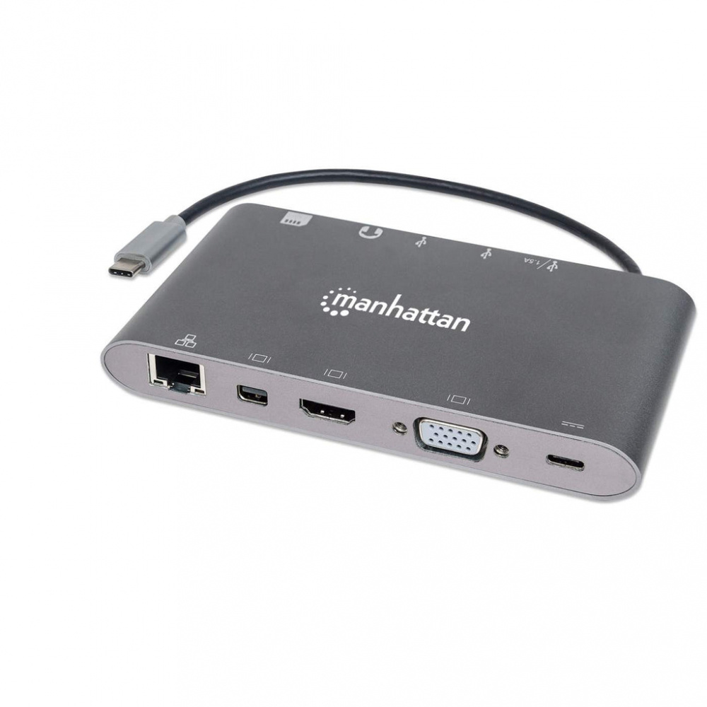 Manhattan Docking Station 152808 USB C, 3x USB 3.0, 1x USB C, 1x HDMI 1x VGA, Plata