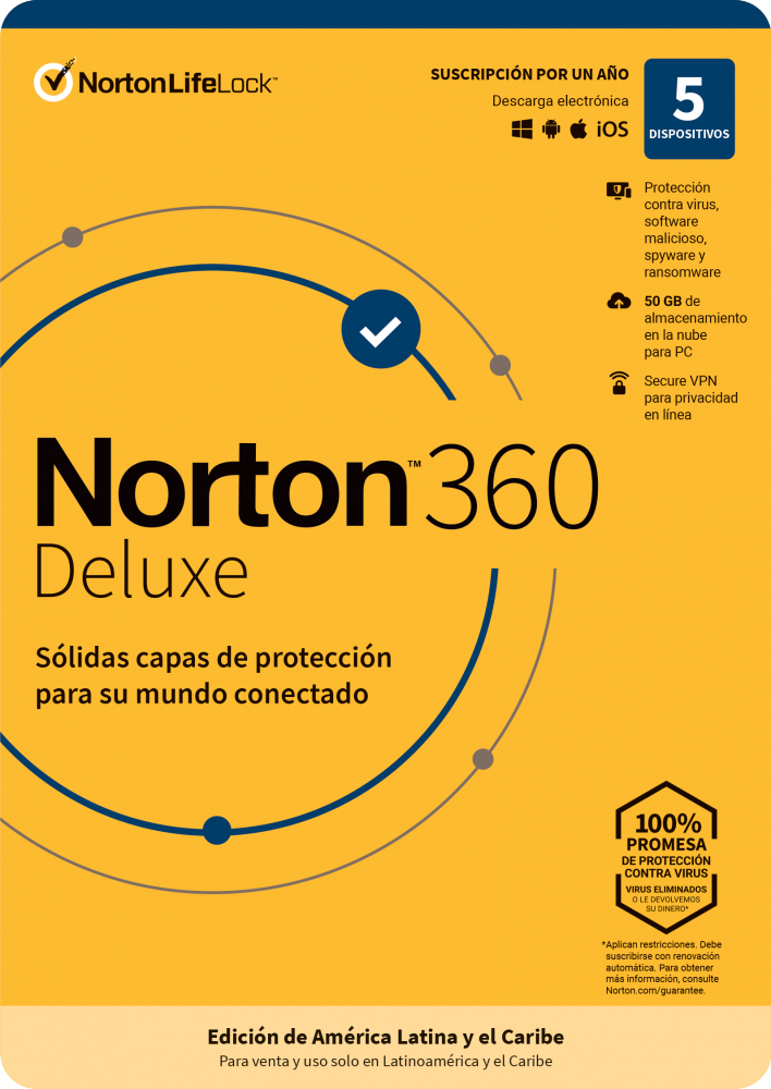 Norton 360 Deluxe, 5 Dispositivos, 1 Año, Windows/Mac ― Producto Digital Descargable ― ¡Obtén $100 en saldo de regalo para su próxima compra!