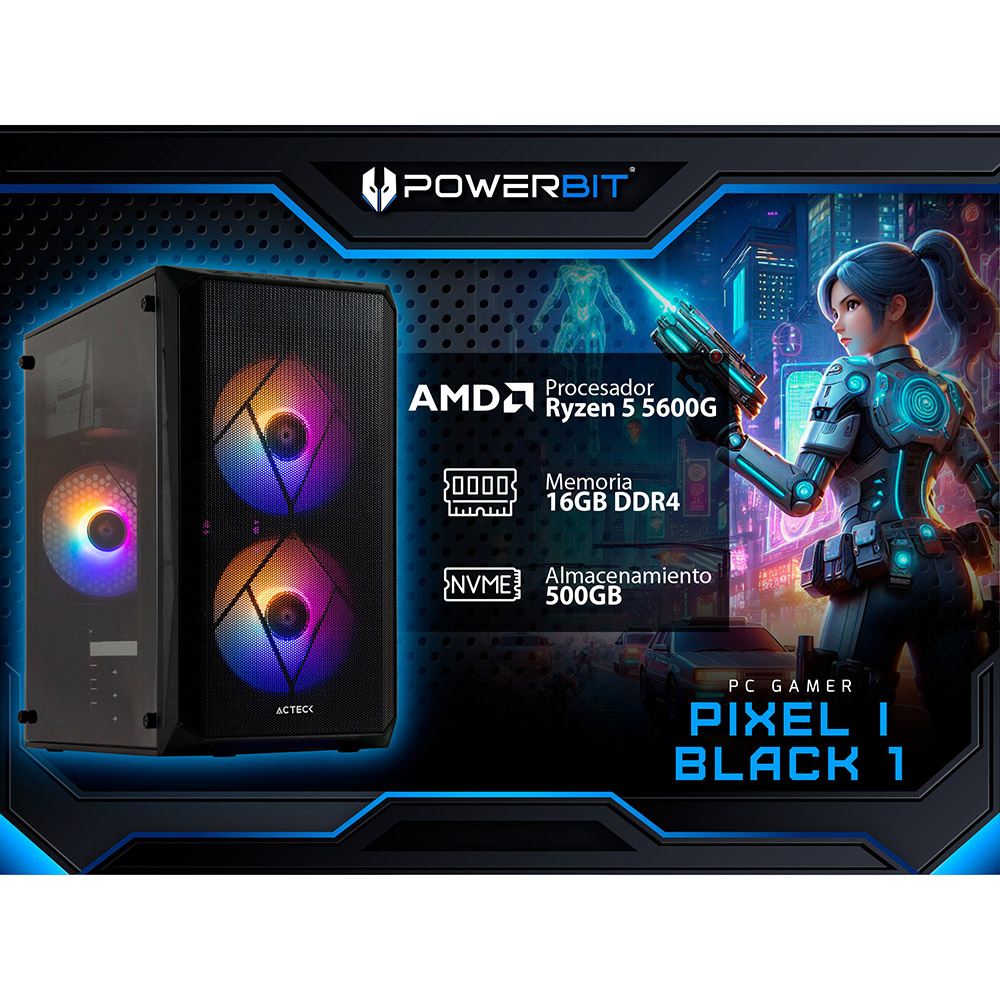 Computadora Gamer Pixel I Black, AMD Ryzen 5 5600G 3.90GHz, 16GB, 500GB SSD, Windows 11 Home Prueba