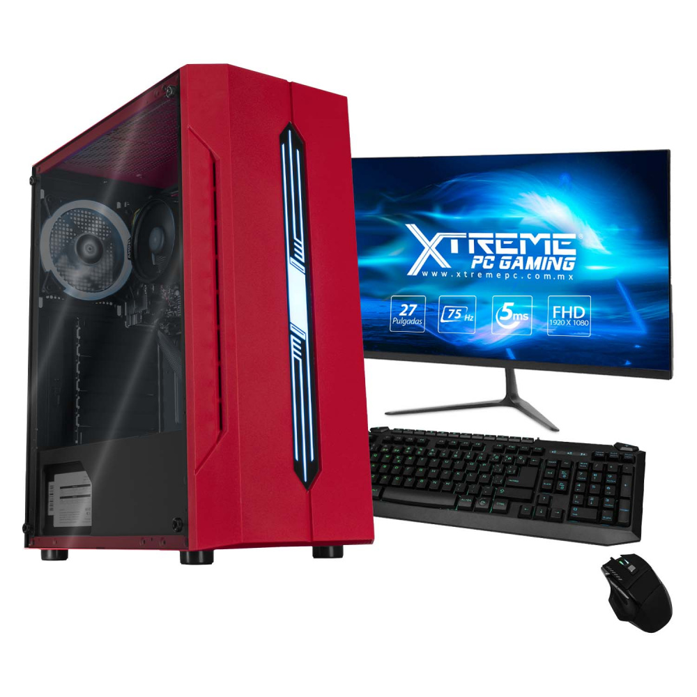 Computadora Gamer Xtreme PC Gaming CM-05375, AMD Ryzen 5 5600G 3.90GHz, 16GB, 2TB + 240GB SSD, Wi-Fi, Windows 10 Prueba, Rojo ― Incluye Monitor de 27", Teclado y Mouse